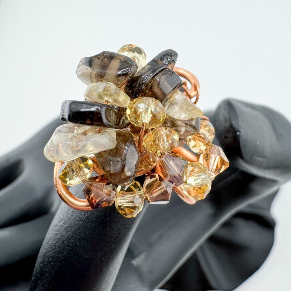 Vintage Rose Gold Wire Bead Stone Ring Chunky Handmade Artisan Bold Retro